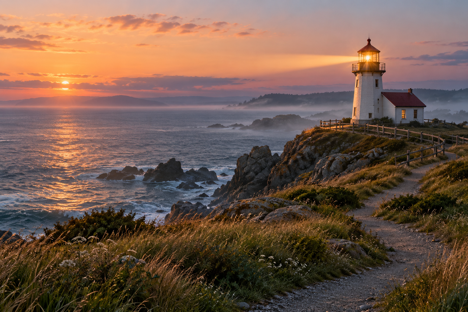 A white lighthouse with a red roof shines across the sea at sunset, beside a winding coastal path.